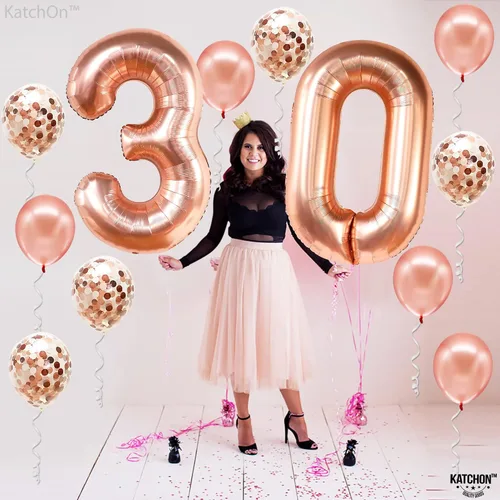 Vista 6 de KatchOn, Globos de oro rosa con el número 30, gigantes, 40 pulgadas, globos de oro rosa con globos de confeti, decoraciones de cumpleaños de 30