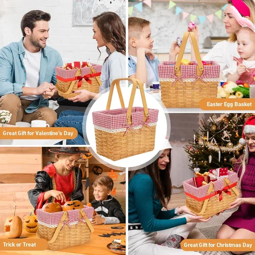Vista 6 de Cesta de pícnic con astillas de madera, cesta tejida natural hecha a mano con asas plegables dobles, cestas de almacenamiento y regalo, cesta