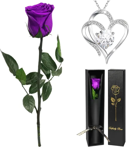Vista 10 de Yamonic Regalos de cumpleaños de rosas para mujer, rosa real eterna con collar de corazón, regalos para mamá abuela, flores preservadas con tallo
