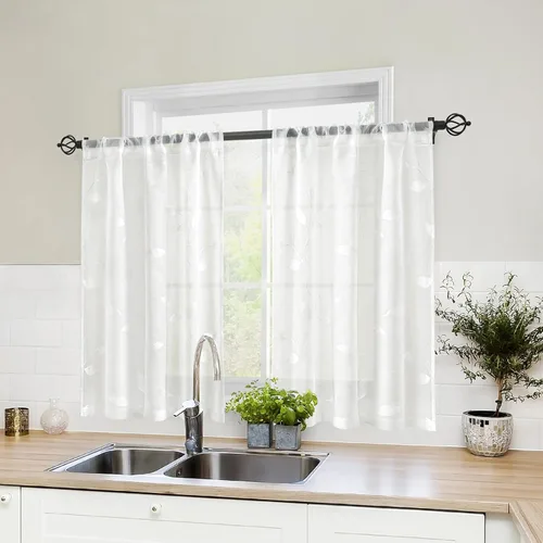 Vista 29 de HOMEIDEAS Cortinas traslúcidas amarillas de 84 pulgadas de largo, 2 paneles de cortinas bordadas con patrón floral amarillo y blanco, cortinas