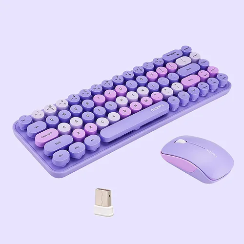 Vista 10 de Combo compacto de teclado y mouse inalámbricos, teclas redondas coloridas, sin sonido, 68 teclas, adecuado para niñas y niños, compatible con Verde