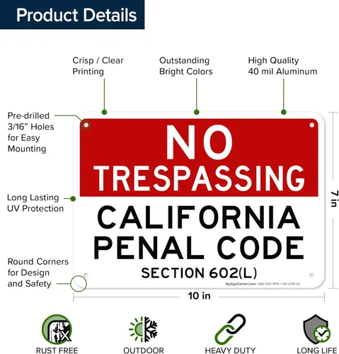 Vista 6 de No Trespassing California Penal Code Section 602 (L), 7 x 10 pulgadas, aluminio 040 libre de óxido, resistente a la decoloración, fabricado