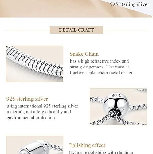 Vista 6 de Bolenvi Auténtica pulsera de plata de ley 925 ajustable con clip, cadena de serpiente de 0.118 pulgadas, compatible con cuentas Pandora y más