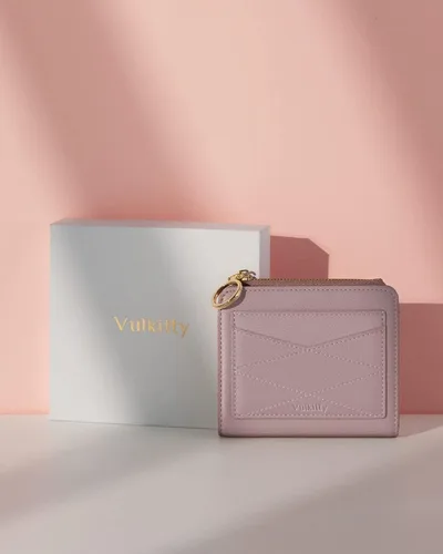 Vista 6 de Vulkitty Billetera de cuero para mujer, con bloqueo RFID, plegable, pequeña, compacta, con cremallera, bolsillo con cremallera, estuche