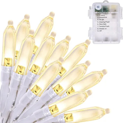Holiday Essence Juego de luces LED navideñas de cadena de color blanco cálido, 8 modos, 50 LEDs, funciona con pilas con temporizador, 17 pies para
