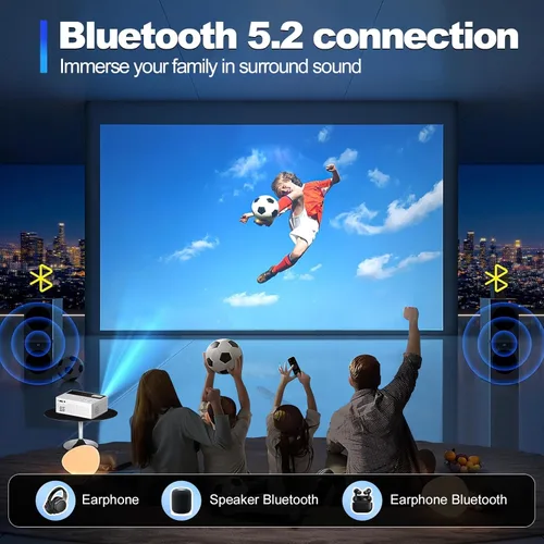 Vista 2 de [Aplicaciones integradas] Proyector inteligente Bluetooth WiFi 5G, viene con un mini soporte, mini proyector con altavoz estéreo, proyector portátil