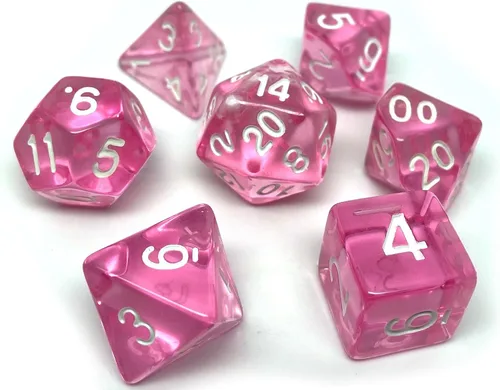 Juego de dados poliédricos translúcidos – Juego de 7 piezas con una fuente D20, D12, D10, D8, D6, D4 y D00 (rosa con fuente blanca)