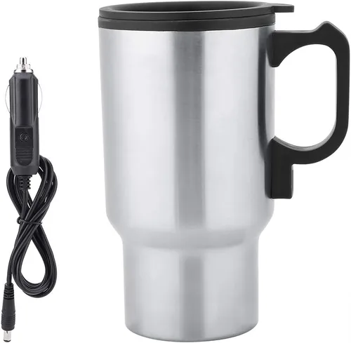 Fdit Taza de viaje de acero inoxidable con calefacción para coche eléctrico, taza de leche de café, botella de agua caliente 12 V 15.2 fl oz