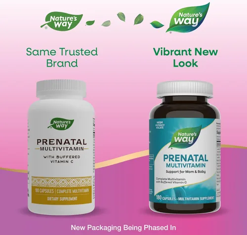 Vista 2 de Nature's Way Multivitamínico prenatal, con folato para un cerebro saludable y desarrollo espinal*, vitamina C tamponada, vitaminas B, 180 cápsulas
