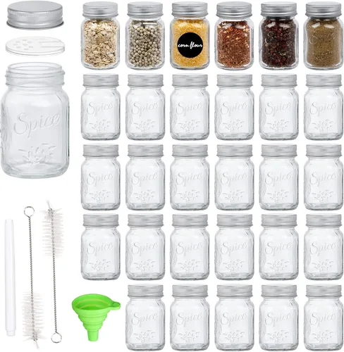30 Pack 4oz Glass Mason Spice Jars Bottles, Empty Round Containers with Silver Airtight Metal Caps and Pour/Sift Shaker Lid