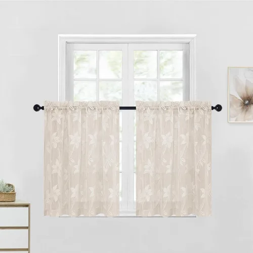 Vista 42 de DWCN Paquete de 2 cortinas traslúcidas pequeñas de encaje floral beige para cocina, cortinas traslúcidas ligeras con bolsillo para barra, cortinas