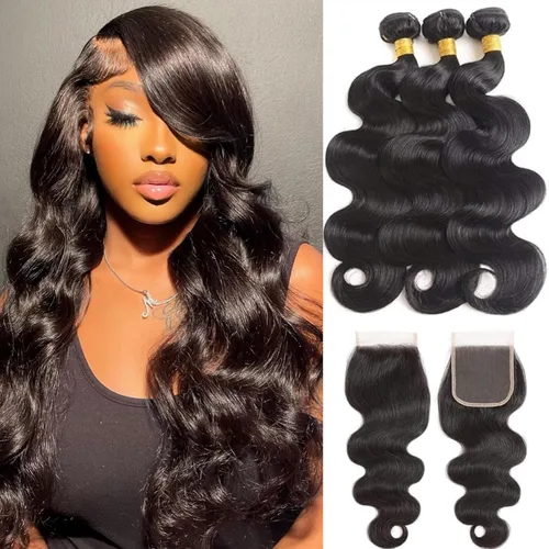 Body Wave Human Hair Bundles with Closure 10A Brazilian Human Hair 3 Bundles with 4x4 HD Lace Closure Free Part 100% Unprocessed Virgin Hair Natural