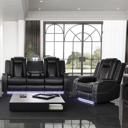 Vista 43 de Juego de sofá modular reclinable eléctrico con luz LED, juego de sofá modular reclinable de cuero, incluye sillón reclinable individual, juego