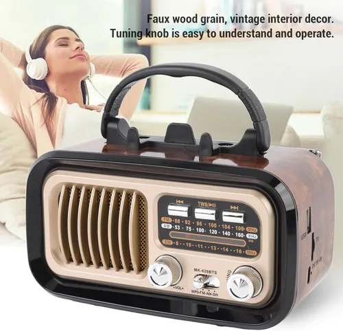 Vista 6 de Radio retro AM FM SW Bluetooth, radios de transistor vintage portátiles con altavoz y antena retráctil, TWS, solarfunciona con bateríarecargable
