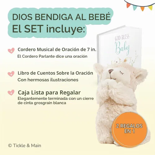 Vista 2 de Tickle & Main Juego de regalo de bautismo católico, caja de presentación blanca de 2 piezas, cordero interactivo y primer libro de oración