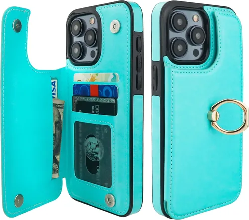Vista 16 de ONETOP - Funda tipo cartera para iPhone 15 Pro Max con soporte para tarjetas, anillo de rotación de 360°, bloqueo RFID, piel sintética, doble cierre
