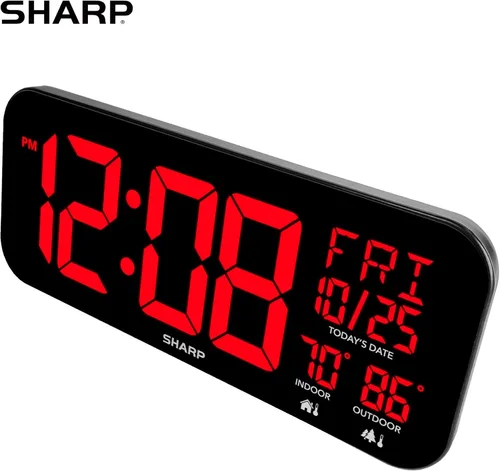 Vista 5 de Sharp Large Oversized Screen LED Clock with Outdoor/Indoor Temperature with Outdoor Sensor, with Date and Day of Week – 14 inch Clock with 4 inch