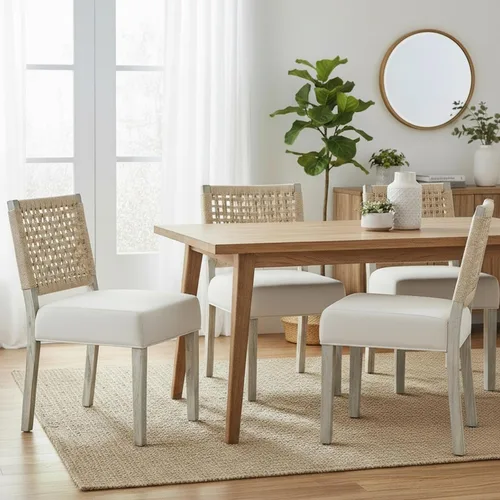 Vista 14 de Juego de 2 sillas de comedor de granja, sillas de comedor tapizadas con respaldo tejido a mano, asiento acolchado suave y patas de madera