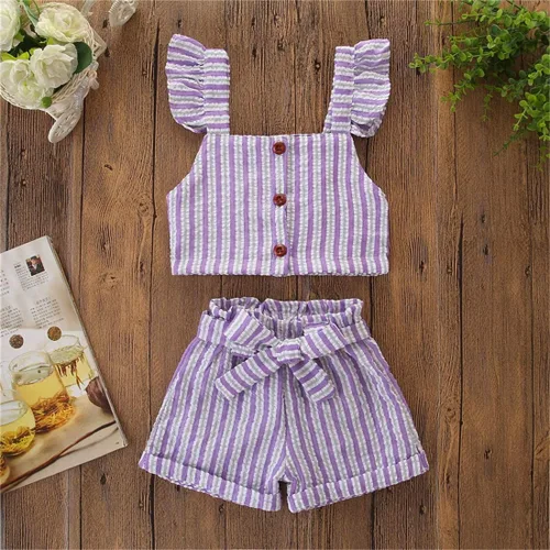 Vista 3 de Niño Niños Bebé Niña Rayas Volantes Sin Mangas Chaleco Top Bowknow Pantalones Cortos Conjunto Ropa de Verano
