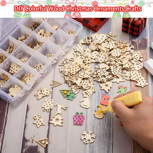 Vista 4 de 300 piezas de mini adornos de Navidad de madera sin terminar, adornos de Navidad de madera, mini rebanada de madera en blanco, manualidades