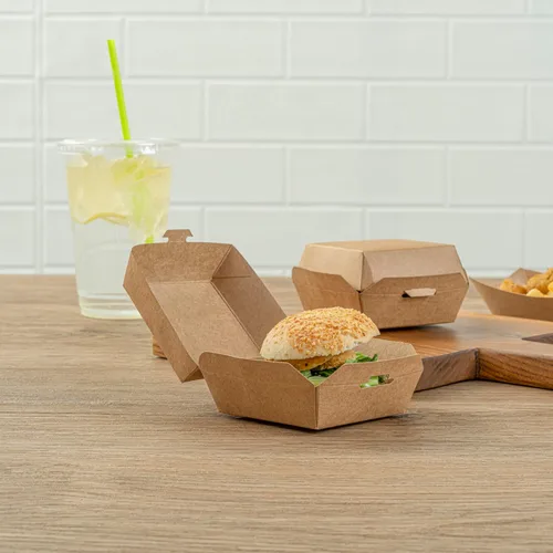 Vista 4 de Restaurantware Mini cajas de hamburguesas de 2.8 x 2.8 x 2 pulgadas, 100 recipientes de comida con tapa con bisagras, cajas desechables de papel