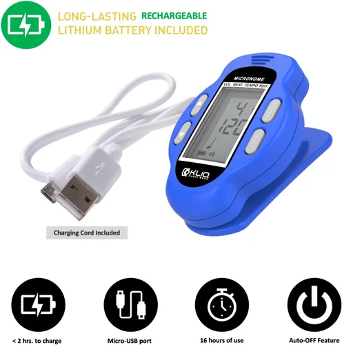 Vista 5 de KLIQ MicroNome - Mini metrónomo digital recargable - con altavoz (volumen digital, ajuste de ritmo y tempo) diseñado para su uso con piano, Azul