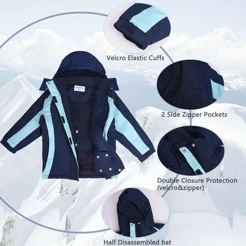 Vista 9 de Chaqueta de esquí impermeable para niñas, chaqueta de snowboard para exteriores, resistente al viento, con forro polar, abrigo de nieve cálido