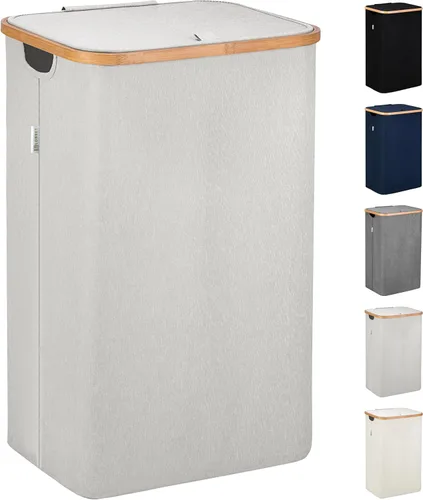 Vista 17 de Cesta de lavandería Lonbet con tapa, fabricada con tela transpirable Cestas estéticas para ropa con asas laterales y marco de bambú resistente
