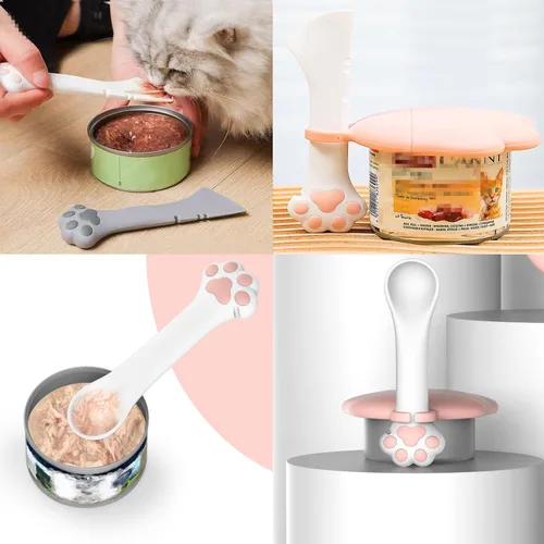 Vista 11 de Juego de 4 suministros de latas de comida para mascotas, tapas universales de silicona para latas de gatos, espátula 2 en 1, abridor de latas