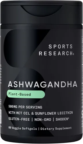 Sports Research® Cápsulas blandas Ashwagandha con aceite de coco MCT, adaptógeno natural hecho con Shoden® Ashwa para relajación, calma y apoyo al