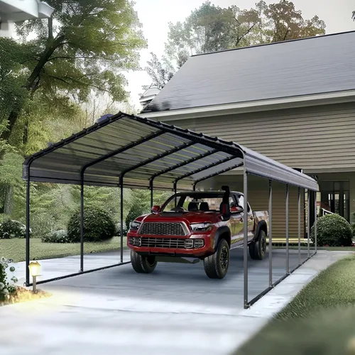 Vista 15 de PHI VILLA 10 x 15 Cochera metálica resistente con techo de acero galvanizado con kit de cierre lateral, cochera metálica robusta para autos, botes