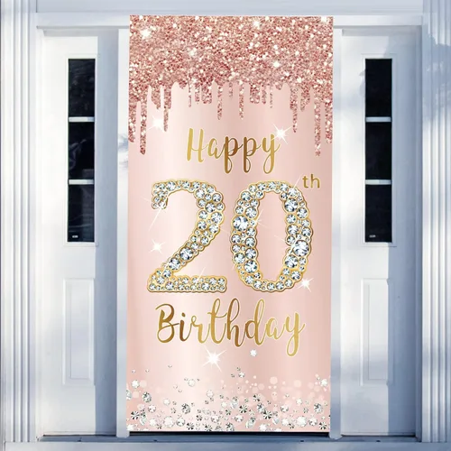 Vista 14 de Decoración de Puerta de Cumpleaños Número 85 para Mujer, Cubierta de Puerta Rosa Oro Rosa Feliz 85 Cumpleaños, Suministros de Fiesta, Cartel