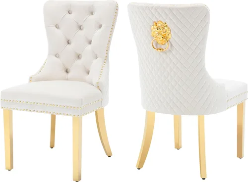 Vista 17 de KCC Juego de 2 sillas de comedor tapizadas de terciopelo, modernas sillas capitoné con botones con anillo de cabeza de león y patas de acero