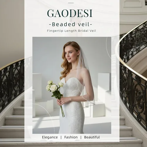 Vista 5 de Velo de novia Perlas y Cristales con Cuentas Borde 1 Nivel Dedo Longitud Velo de Novia