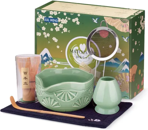Juego de batidor de matcha, juego de matcha de cerámica incluye cuenco de matcha con boquilla, batidor de matcha y soporte, cuchara de bambú, tamiz