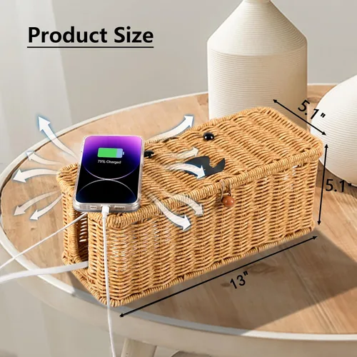 Vista 2 de Caja oculta de cables, organizador de cables de ratán de imitación, caja de almacenamiento con tapa, 2 ranuras abiertas, extensión de cable, cesta