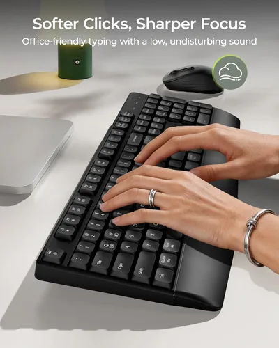 Vista 5 de seenda COE200 - Combo de teclado y mouse Bluetooth inalámbrico, ergonómico con reposamuñecas, conexión multidispositivo, tamaño completo, compatible