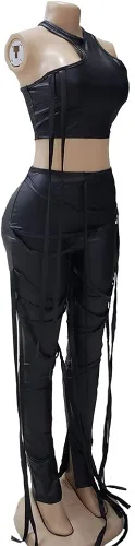 Vista 4 de MESLIMA Vendaje para mujer 2 piezas camiseta sin mangas elástica irregular con cordones ajustado pantalones largos divididos ropa de club