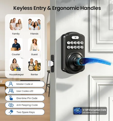 Vista 2 de Veise Cerradura de puerta con teclado con asa, entrada sin llave para puerta delantera y dormitorio, cerradura electrónica con código, bloqueo Negro