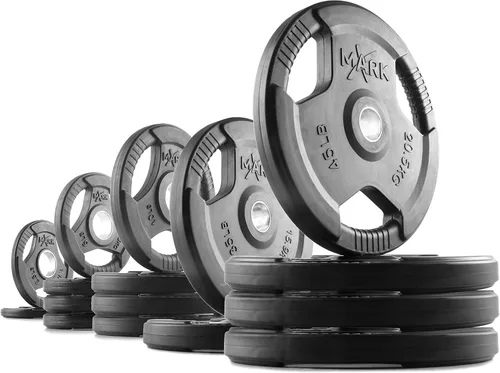 Vista 5 de XMARK TRI-GRIP - Par o juego de discos de peso olímpicos, pesas de ejercicio con revestimiento de goma para barra olímpica, juego de pesas