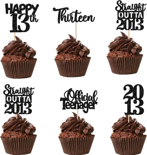 Vista 61 de 30 piezas de decoraciones para pastel de cumpleaños número 10, decoraciones de cupcakes negras con brillo, 10 feliz cumple, directo desde 2016, 10