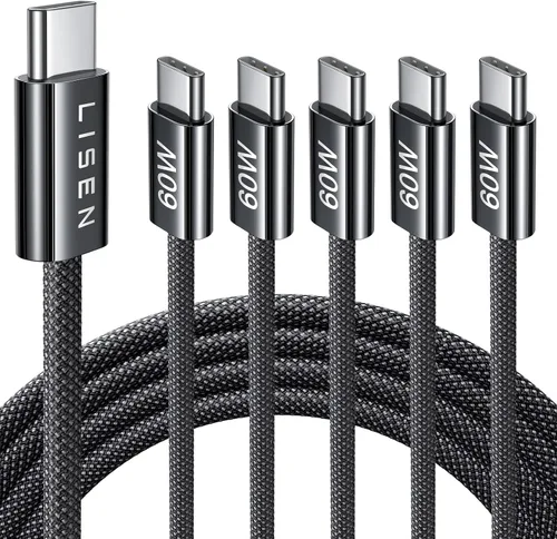Vista 22 de LISEN Cable USB C, paquete de 5 cables USBC a USBC [0.5 pies] para iPhone 17 16e 15 Pro Max, cable de carga rápida de 60 W C a C para Galaxy Negro