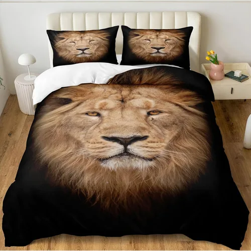 Vista 8 de Juego de edredón de león tamaño Queen con temática de animales salvajes, edredón de león negro, juego de ropa de cama con temática de safari de vida