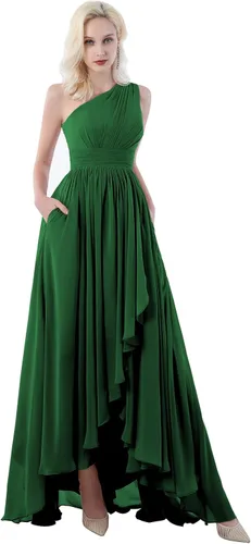 DEUELANK Vestido de dama de honor de un hombro para mujer con bolsillos, acampanado, sin mangas, fruncido, de gasa, vestido de graduación alto y bajo