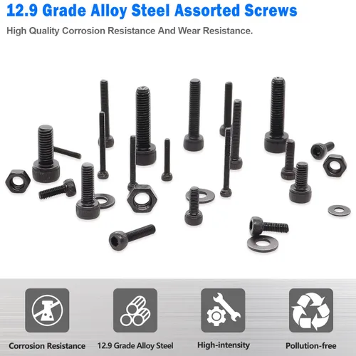 Vista 3 de mxuteuk Surtido de tornillos métricos M2 M3 M4 M5, 1084 piezas, tornillos de acero de aleación de grado 12.9, surtido de tuercas y arandelas, kit