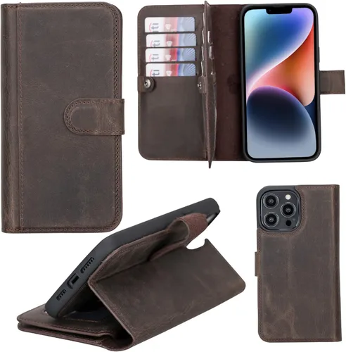 Vista 42 de HARDISTON Funda de piel auténtica de alta calidad hecha a mano para iPhone XR, tarjetero doble, funda magnética desmontable, función atril Marrón