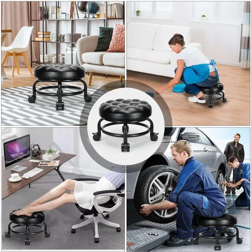 Vista 6 de Taburete enrollable de baja altura de piel sintética, cómodo asiento giratorio de 360°, silla moderna con ruedas para oficina en casa, garaje, tienda
