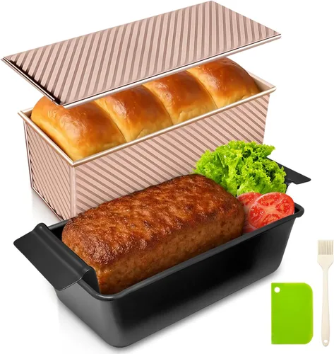 Vista 13 de Paquete de 2 moldes para pan con tapas – Capacidad de masa de 2.2 libras y 1 libra, moldes para pan de acero al carbono antiadherentes para pan