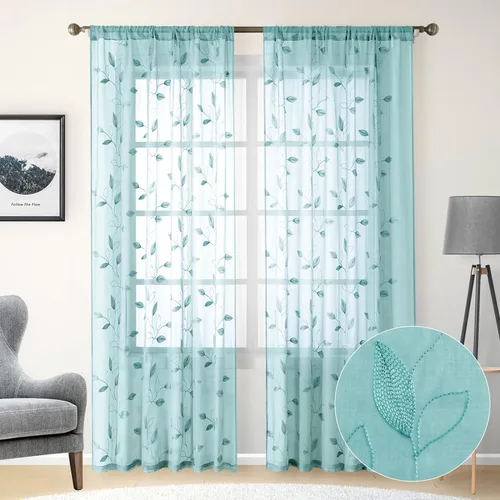 Vista 12 de HOMEIDEAS Cortinas traslúcidas amarillas de 84 pulgadas de largo, 2 paneles de cortinas bordadas con patrón floral amarillo y blanco, cortinas