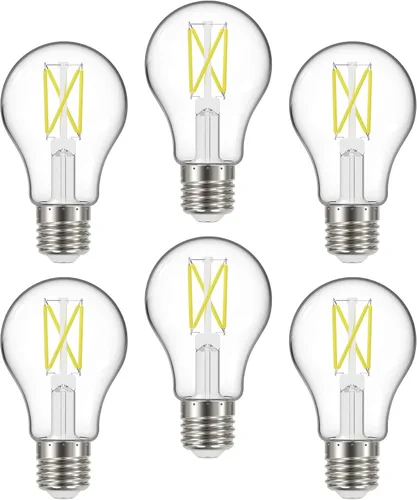 Satco Paquete de 6 lámparas de filamento LED regulables, S12408, lúmenes altos, 5 vatios, A19; transparente; base media; 2700 K; 90 CRI; 120 voltios